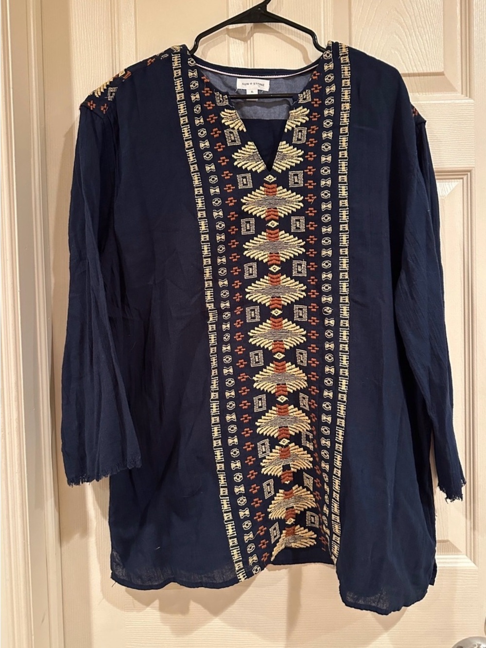 Sun + Stone Navy Embroidered Peasant Tunic
